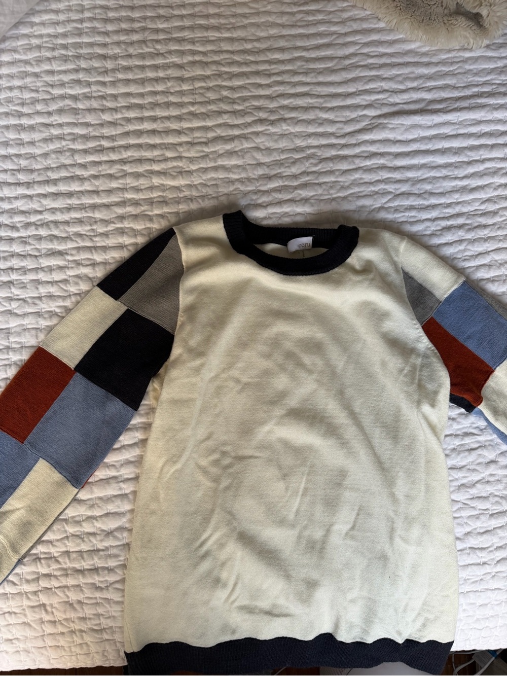 Ecru Colorblock Sleeve Sweater in Cream, Black, Rust & Blue